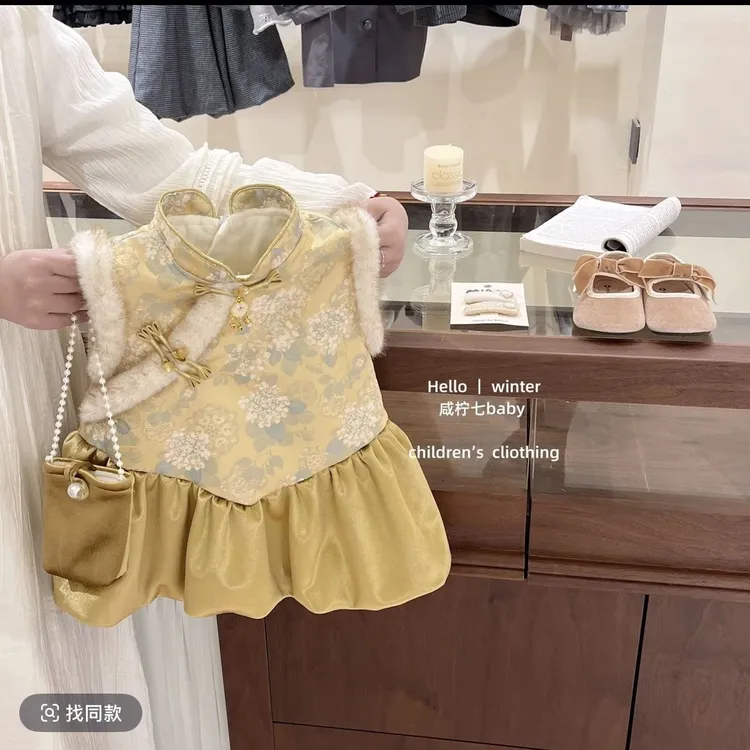 童装女童冬季新款新中式加绒旗袍背心裙中小童国风盘扣拜年服