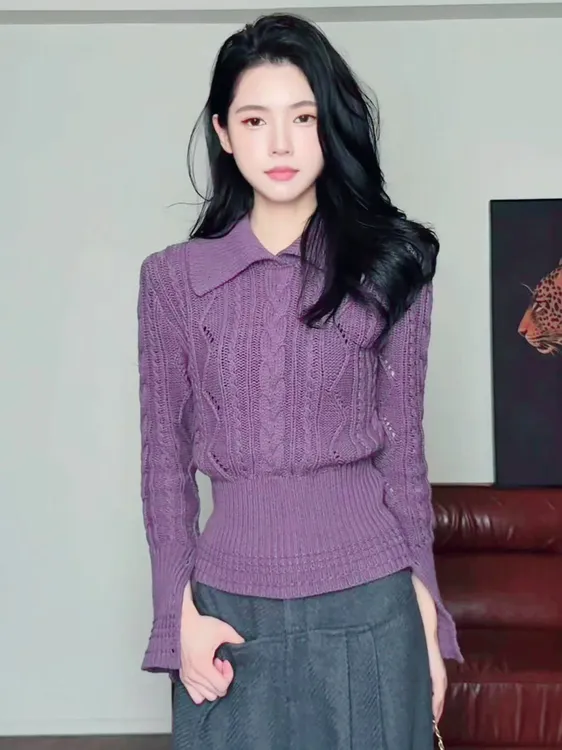 2025新款百搭气质翻领麻花下摆收腰显瘦针织毛衣设计纽扣毛针织衫