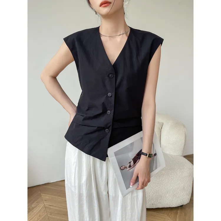 黑色v领无袖马甲吊带背心女夏季宽松西装休闲显瘦设计感开衫上衣