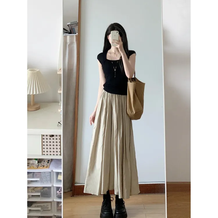 新款修身显气质冰丝短袖方领上衣配半身裙两件套黑色夏季显瘦T恤