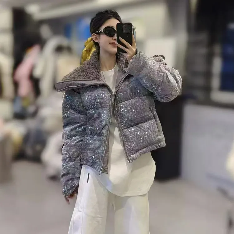 大码海军翻领重工亮片加厚棉服女冬季保暖时尚洋气减龄棉衣短外套