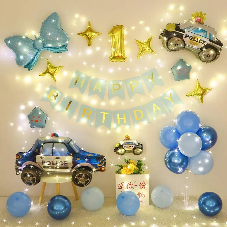 生日装饰气球男孩儿童一周岁警车主题派对布置客厅背景墙立体汽车