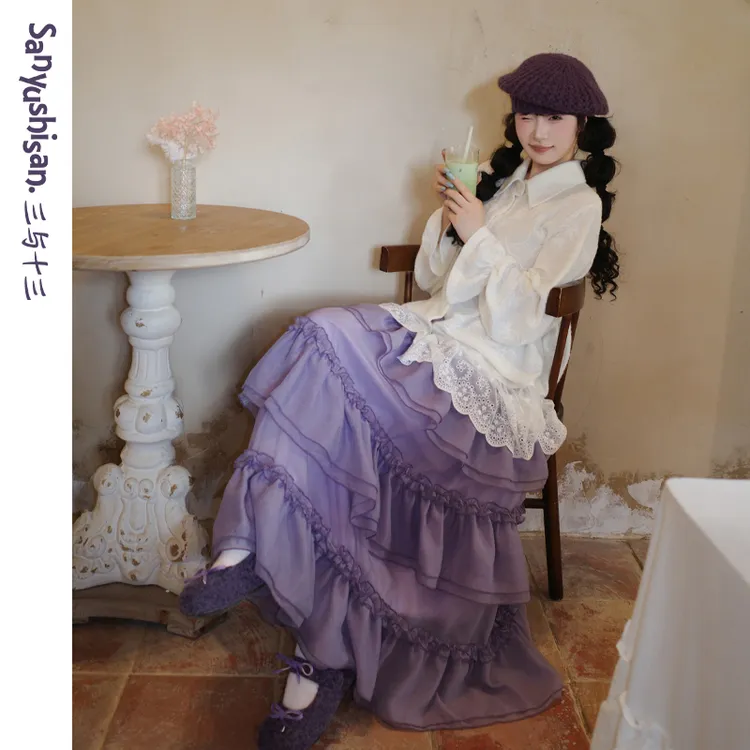 三与十三|圆舞曲|韩系甜美百搭显瘦重工木耳荷叶边欧根纱半身裙