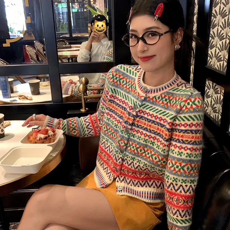 GNVG彩色提花毛衣女2025新款初秋穿搭上衣针织开衫外套民族风显瘦