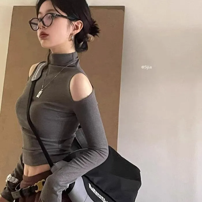 甜酷紧身短款长袖T恤女秋冬辣妹半高领打底衫露肩露脐jazz上衣