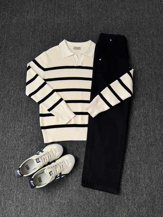 男士秋冬时尚撞色条纹海鸥领长袖针织毛衣舒适翻领针织上衣男款