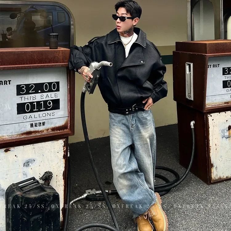 OXFREAK「立体大活页」荔枝纹PU皮夹克男短款宽松机车服外套秋季