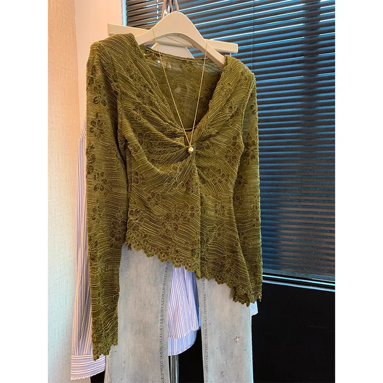 佳儿纯欲风扭结v领提花蕾丝衫女秋设计感打底衫辣妹掐腰别致上衣