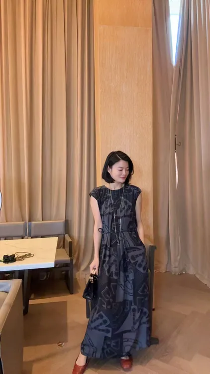 TANTAN  真丝 气质印花带腰带飞飞袖连衣裙1948