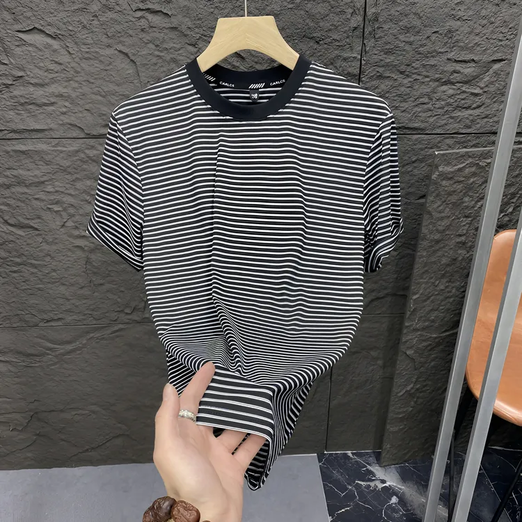 25春季新款条纹T恤打底圆领短袖时尚品质斑马纹男士半袖休闲百搭