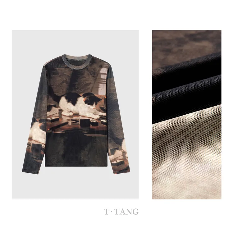 秋季新款90g加密韩国网（小猫印花）活性印染休闲圆领T恤【7325】