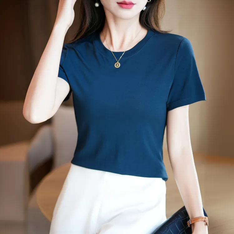 元杉凉感重磅加捻真丝针织圆领短袖T恤午夜蓝显瘦正肩桑蚕丝上衣