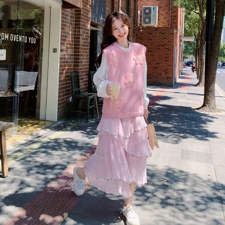 甜美学院风时髦减龄套装裙女早秋设计感针织背心衬衣半身裙三件套