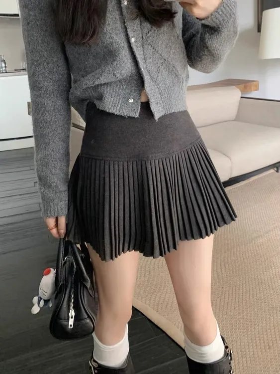 毛呢百褶裙女短裙2025秋季新款高腰秋冬小个子半身裙包臀A字裙女
