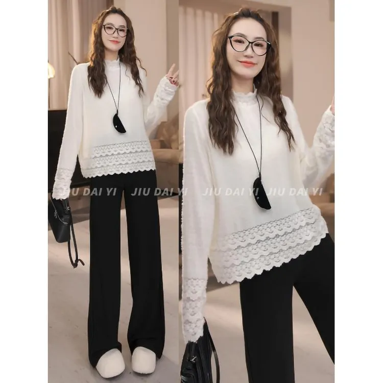 玖黛衣【绒感蕾丝】冬季立领蕾丝磨毛百搭显瘦长袖T恤TXP47230