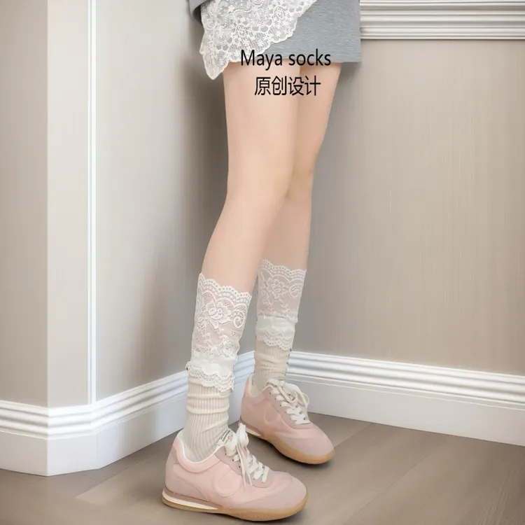 白色蕾丝堆堆袜女夏季薄款中筒袜纯色ins韩版小腿袜日系lolita