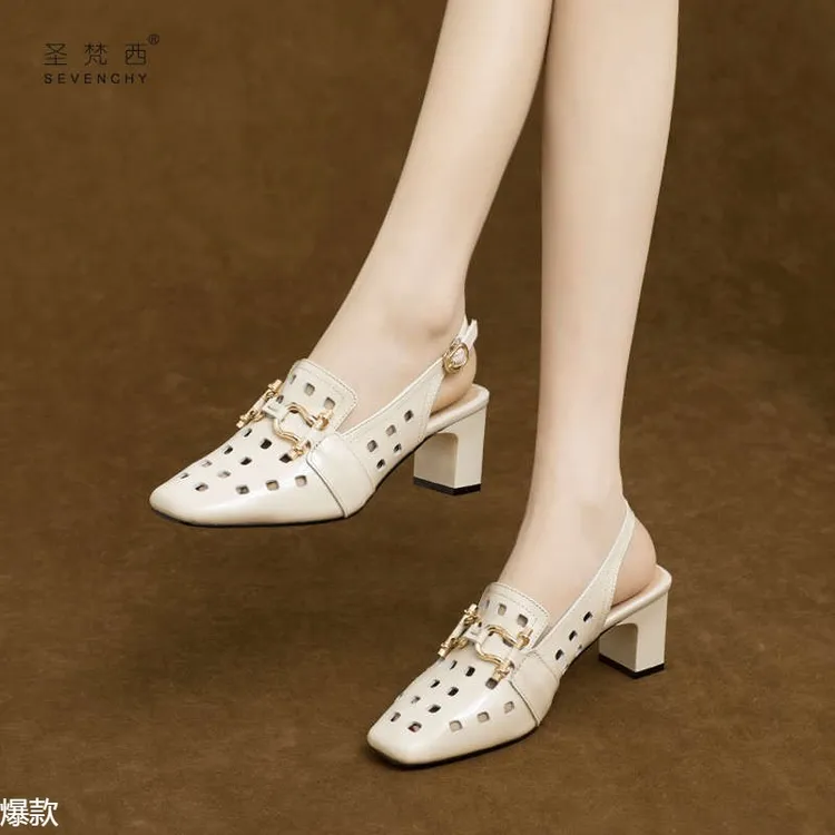 2025年新款夏季法式气质包头镂空凉鞋女高跟鞋软皮粗跟中跟真皮鞋