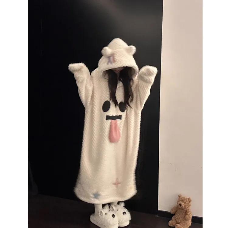 卡通可爱睡裙搞怪小幽灵2025年秋冬加厚珊瑚绒宽松连帽睡裙可外穿