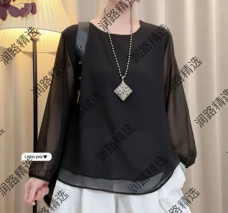 【润路精选】早秋爆款圆领时尚洋气百搭珍珠纱长袖