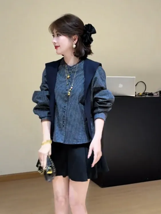 法式气质独特漂亮格纹衬衫披肩女装2025秋冬新款洋气百搭通勤上衣