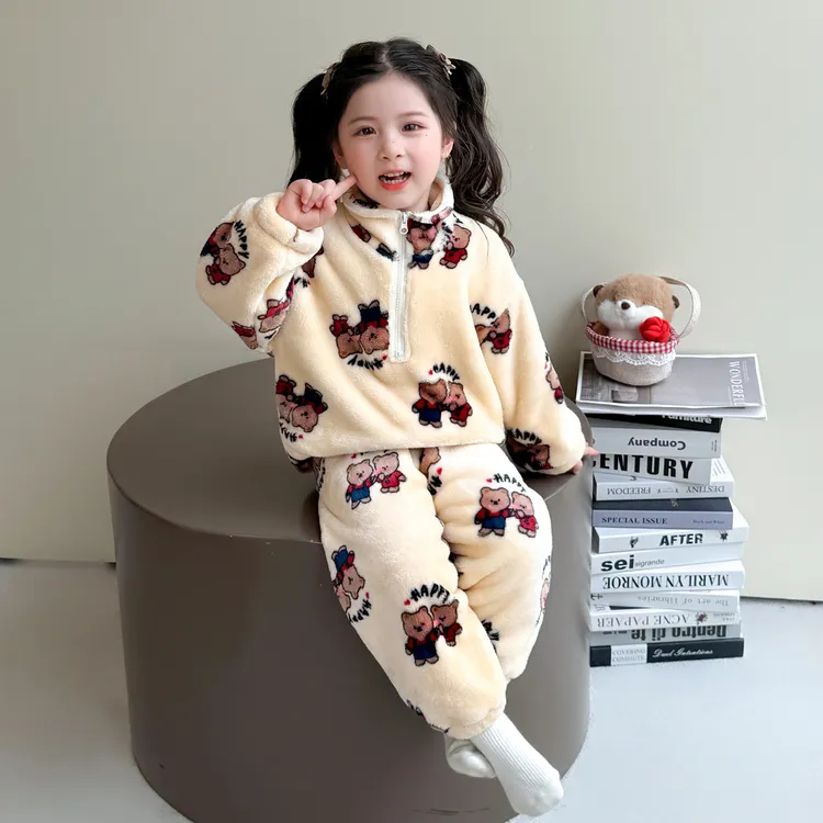 女童睡衣法兰绒秋冬季2025新款女宝宝保暖家居服女孩宝宝冬天套装