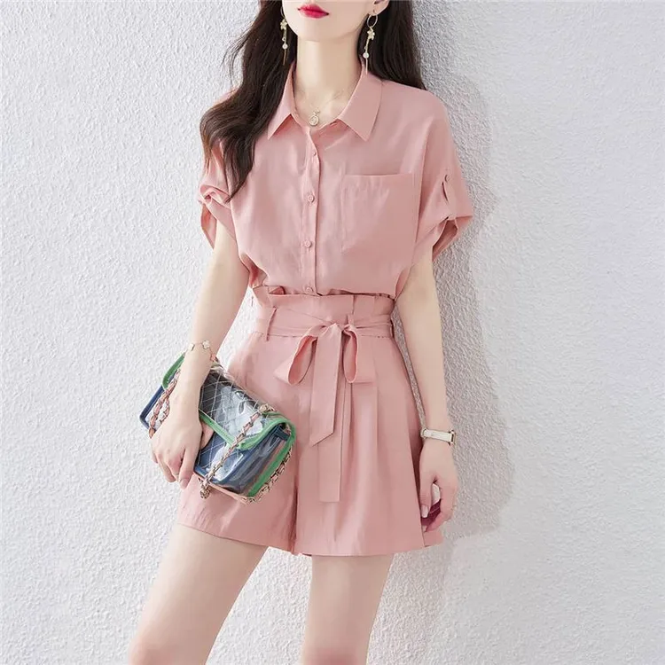 高档休闲夏季阔腿短裤套装一整套运动洋气穿搭两件套短袖衬衫女士