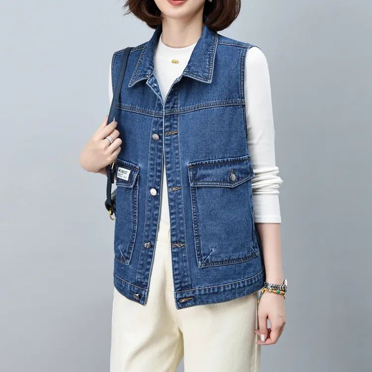 时尚大码牛仔马甲女士春秋新款宽松百搭工装口袋无袖坎肩背心外套