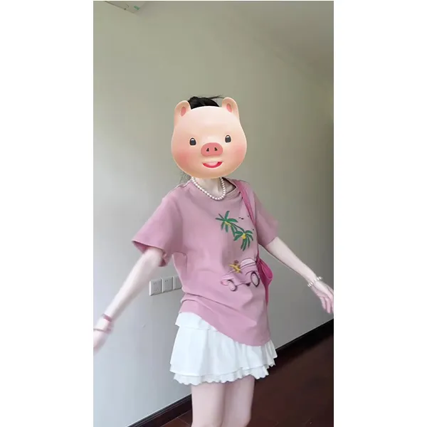 粉色印花圆领正肩短袖女夏度假风宽松休闲多巴胺上衣蛋糕短裙套装
