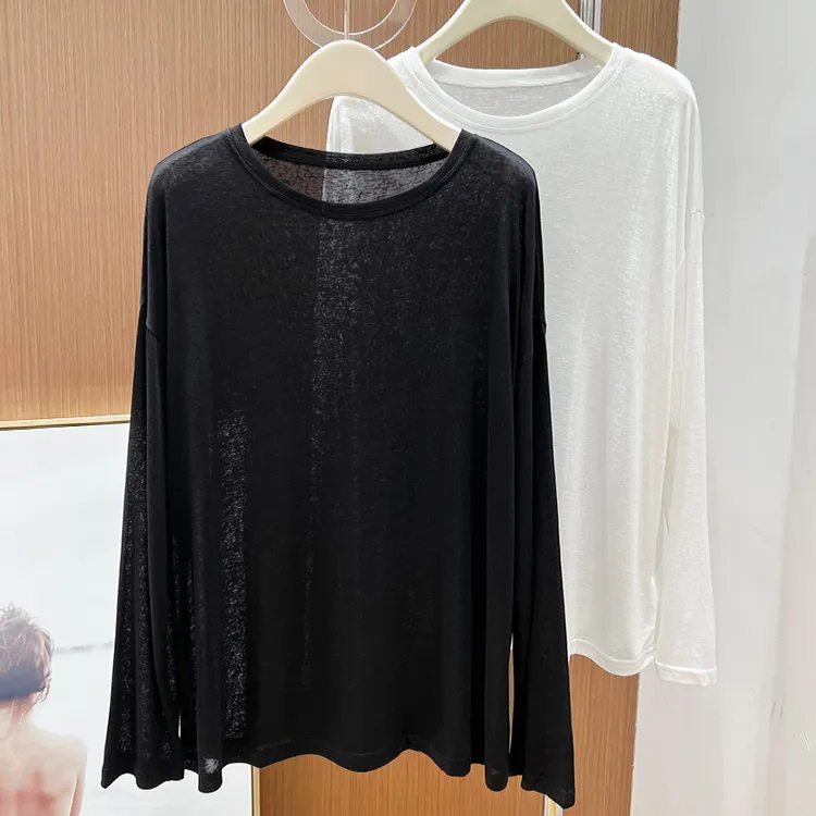 黑色冰丝上衣夏季薄款罩衫长袖T恤女宽松打底洋气显瘦防晒体恤衫