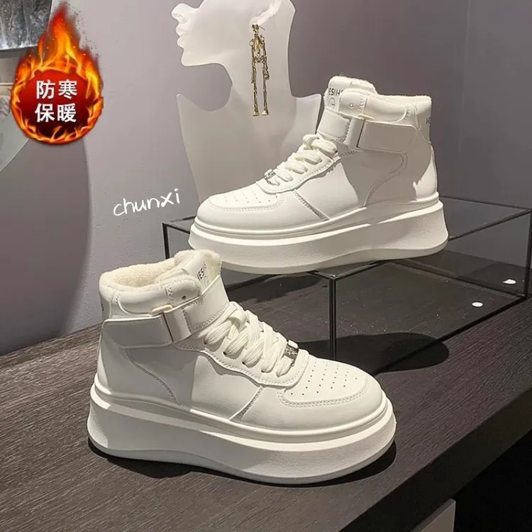 高帮小白鞋女款2025秋冬新款加绒保暖厚底松糕鞋魔术贴防滑二棉鞋