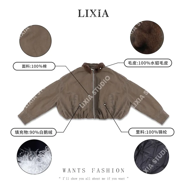 LIXIA【复古玩家】水貂皮毛撞领多色轻奢90鹅绒短夹克-D10208