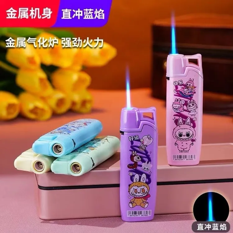 新款拉布布金属铁壳蓝焰直冲防风防爆充气打火机家用商超批发定制