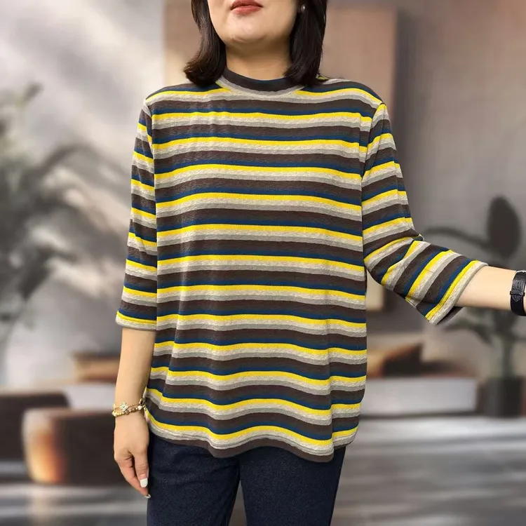 T-134秋冬大码显瘦弹力条纹小高领七分袖宽松打底衫T恤