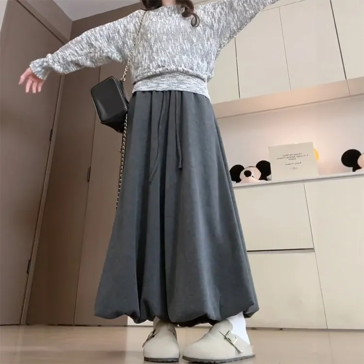灰色针织糯米花苞裙裤女款秋季新装胖mm梨形身材显瘦阔腿灯笼裤裙
