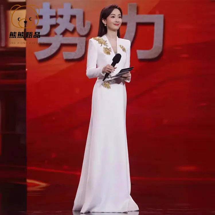 白色晚礼服2025新款轻奢文艺汇演主持人收腰长裙小众鱼尾宴会礼ts