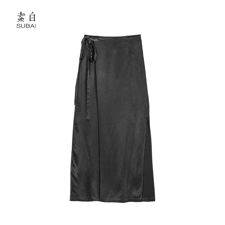 素白【玄影】高腰松紧显瘦铜氨丝绑带半身裙SB2409CP00403