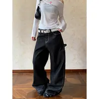 美式复古黑色阔腿牛仔裤女秋季2025新款休闲宽松垂感直筒拖地裤子