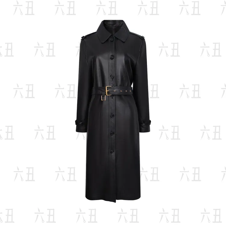 【六丑】新款时尚高级气质显瘦通勤单排扣金扣腰带皮衣509APY0017