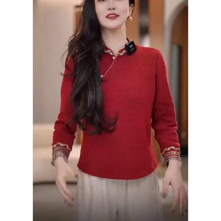 新中式春秋冬时尚长袖立领钉珠常规百搭加厚复古中国风气质上衣女