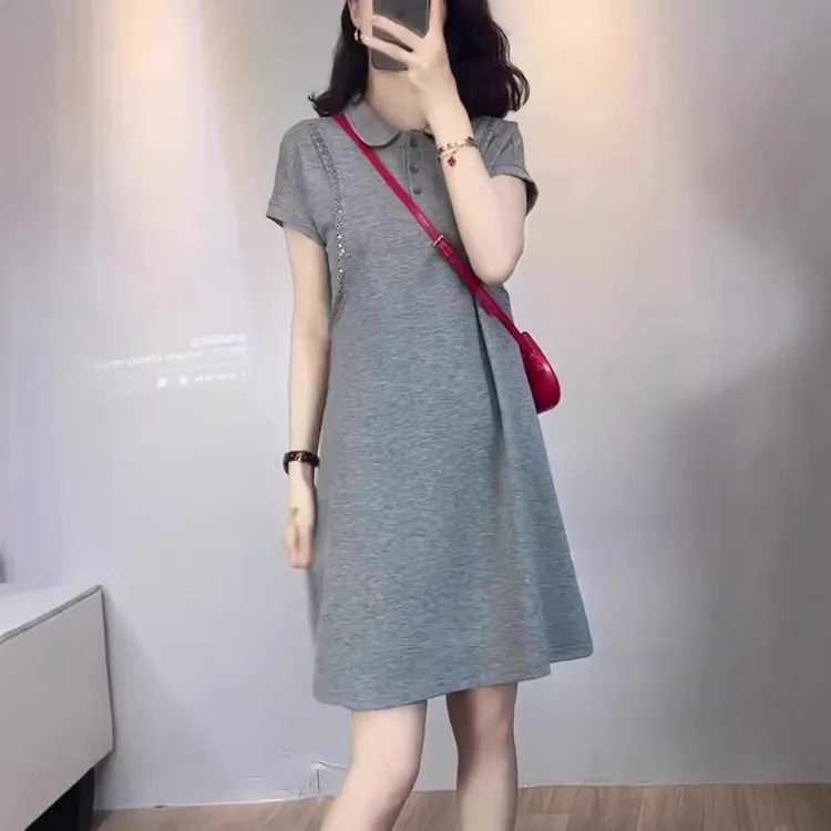 轻熟风简约灰色连衣裙夏季薄款胖MM大码女装蕾丝拼接翻领减龄裙子