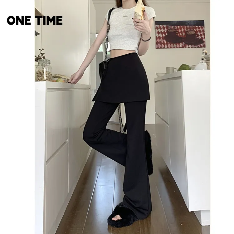 2025时尚大码胖MM叠穿裙裤秋冬季高腰假两件松紧修身长裤