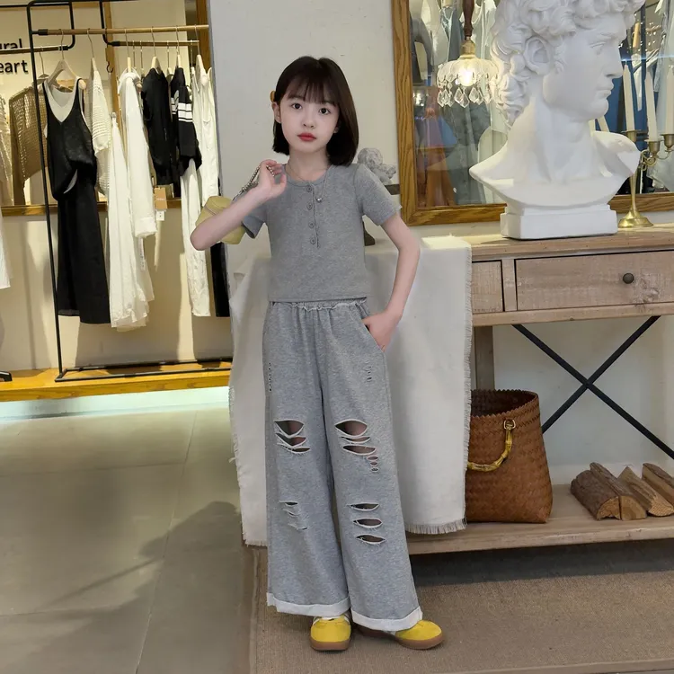 女童蕾丝POLO衫破洞针织阔腿裤套装夏季2025年款衣服儿童洋气高腰