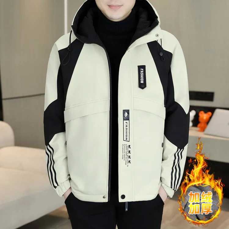 潮牌痞帅派克服青少年防寒冲锋衣工装夹克男冬款加棉加厚连帽外套