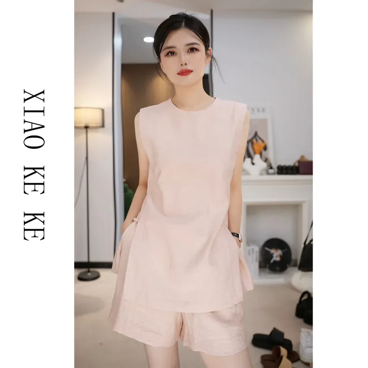 亚麻时尚套装纯色夏季欧若动感风欧若假日风粉色两件套女