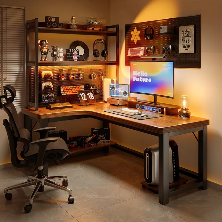 实木转角电脑桌台式卧室家用电竞桌子书桌书架一体拐角桌子电脑桌