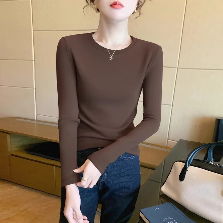咖啡色圆领打底衫女保暖内搭秋冬季2025新款双面加绒加厚长袖上衣