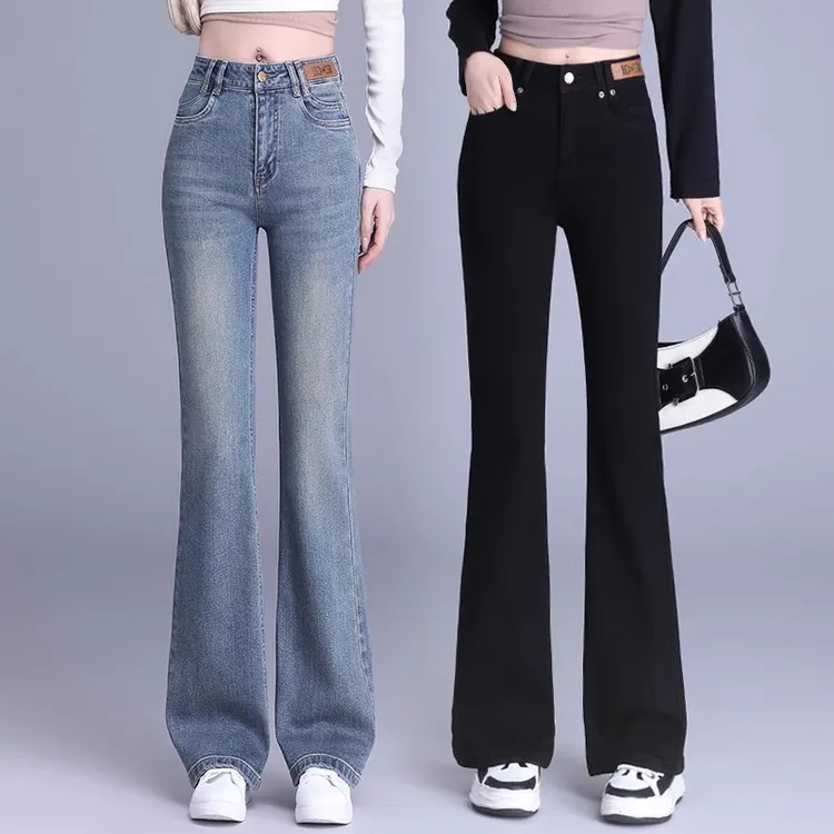 拉夏贝尔微喇牛仔裤女2025春秋新款高腰时尚修身显瘦小个子喇叭裤