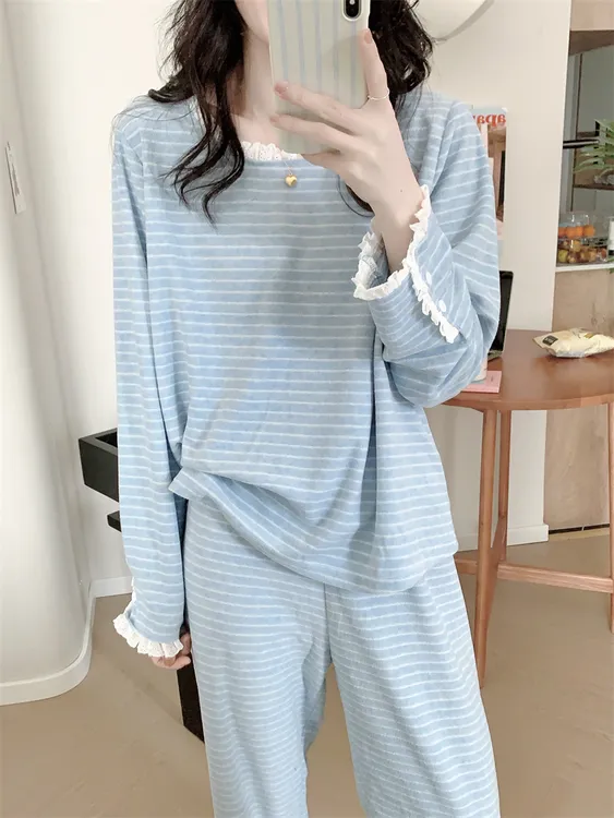韩系甜美蕾丝花边条纹睡衣女秋冬季新款加厚保暖薄绒家居服套装