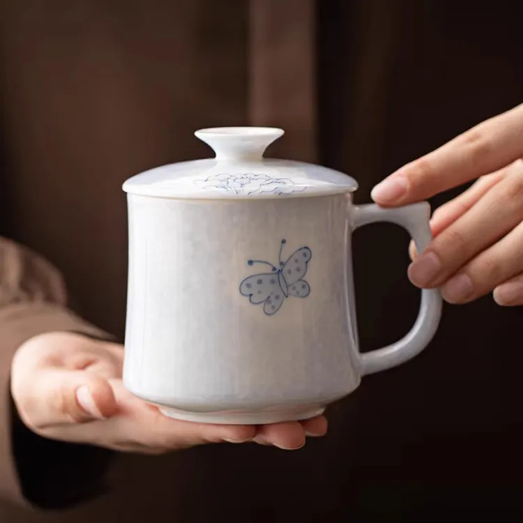 手绘蝶恋花马克杯中式简约带盖茶水分离办公室泡茶杯过滤水杯礼物