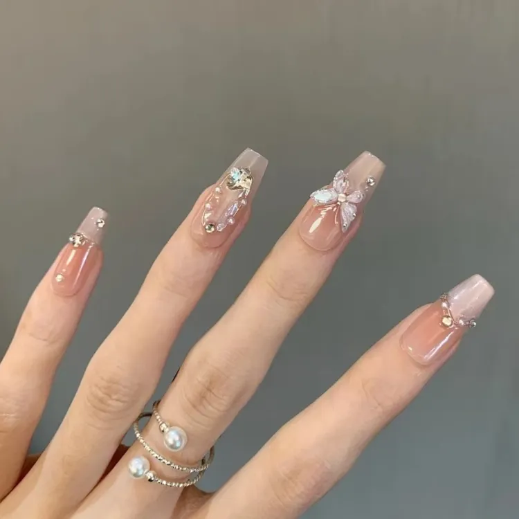 穿戴甲手工蝴蝶仙子法式粉色猫眼布契拉提可拆卸穿戴甲成品甲贴